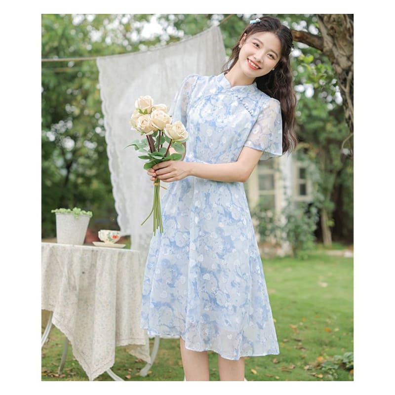 Short-Sleeve Band Collar Floral Print Midi A-Line Dress