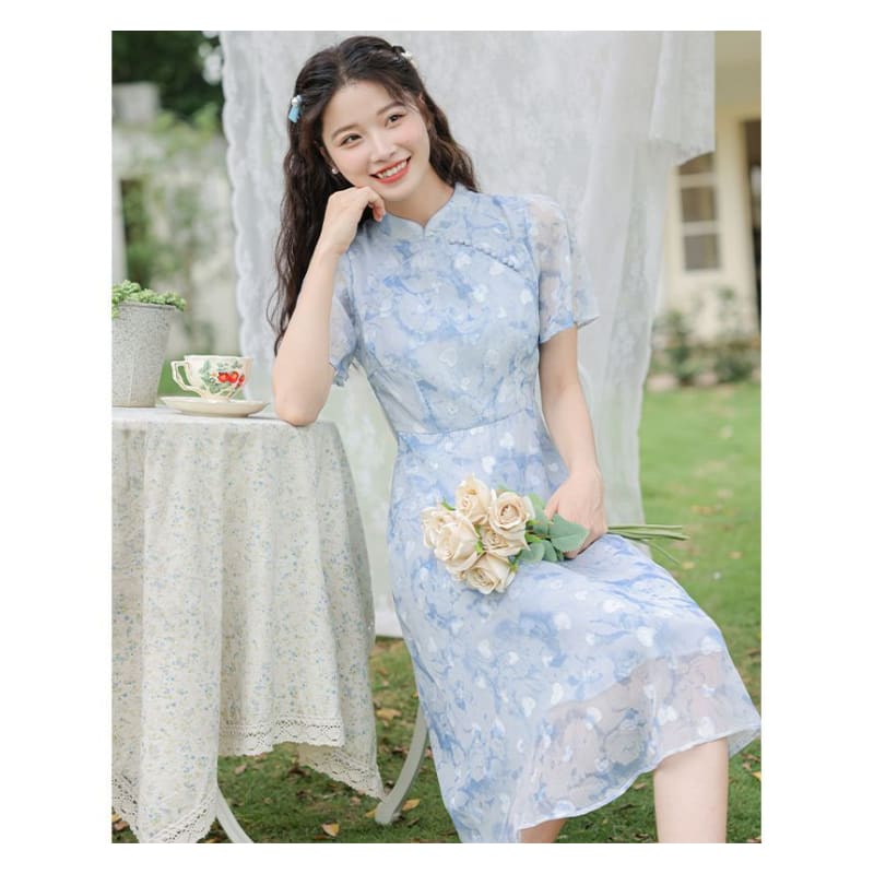 Short-Sleeve Band Collar Floral Print Midi A-Line Dress