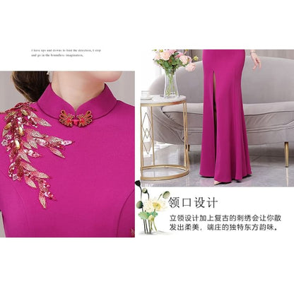 Short-Sleeve Band Collar Flower Slit Qipao