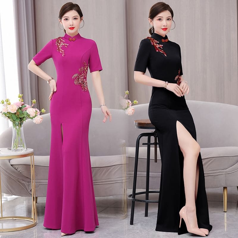 Short-Sleeve Band Collar Flower Slit Qipao