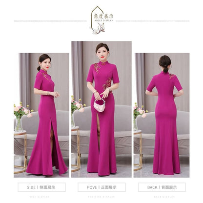 Short-Sleeve Band Collar Flower Slit Qipao