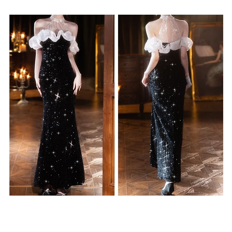 Short-Sleeve Cold Shoulder Sequin Mermaid Evening Gown