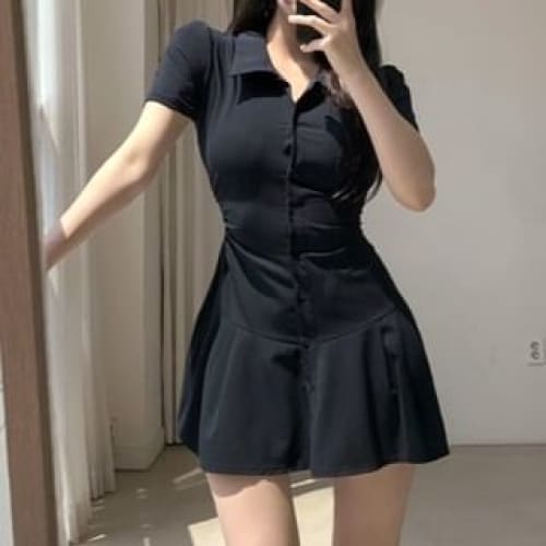 Short-Sleeve Collared Plain Mini Shirt Dress