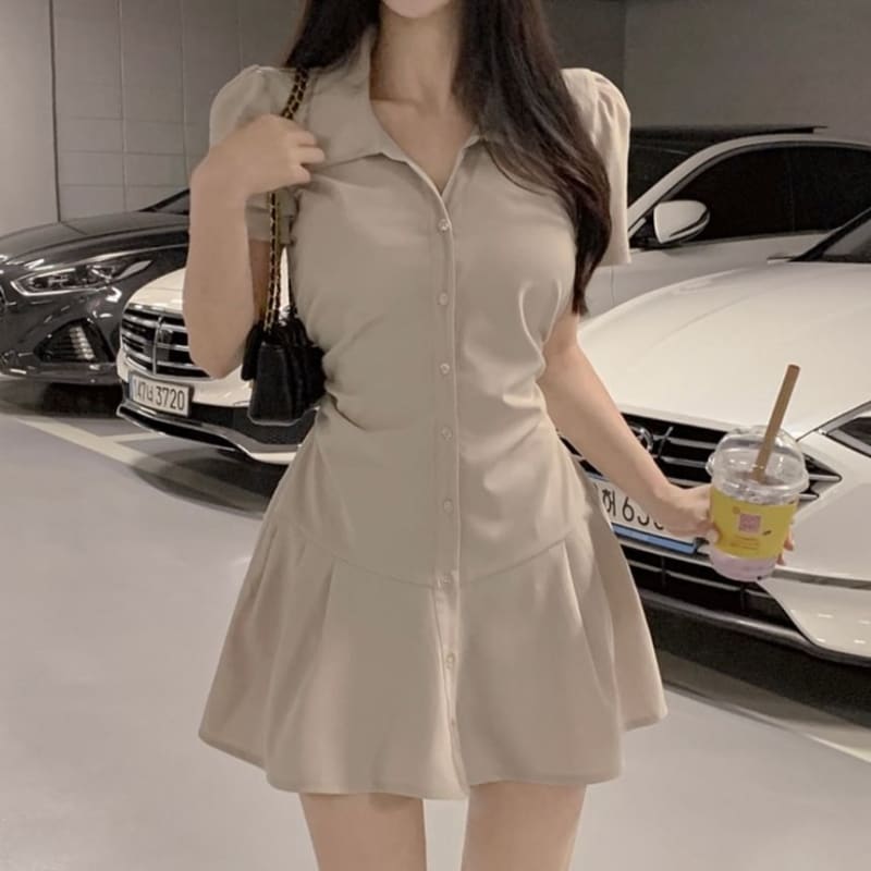 Short-Sleeve Collared Plain Mini Shirt Dress