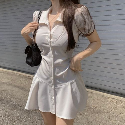 Short-Sleeve Collared Plain Mini Shirt Dress