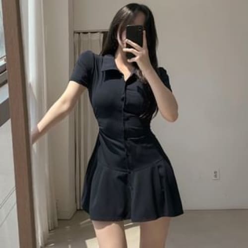 Short-Sleeve Collared Plain Mini Shirt Dress - Black