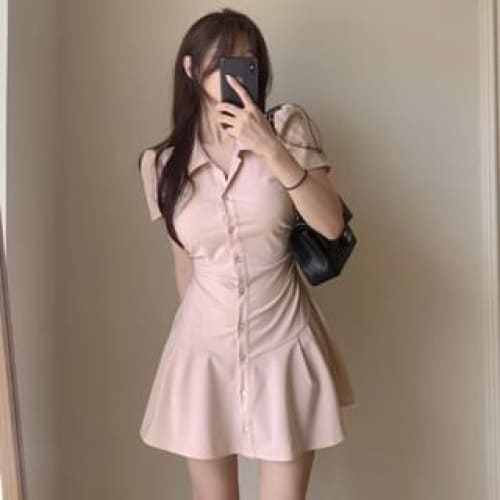 Short-Sleeve Collared Plain Mini Shirt Dress - Pink