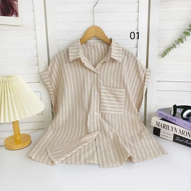 Short-Sleeve Collared Striped Shirt - 01 - Stripes - Almond