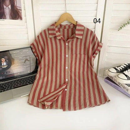 Short-Sleeve Collared Striped Shirt - 04 - Stripes - Red &