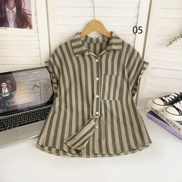 Short-Sleeve Collared Striped Shirt - 05 - Stripes - Green