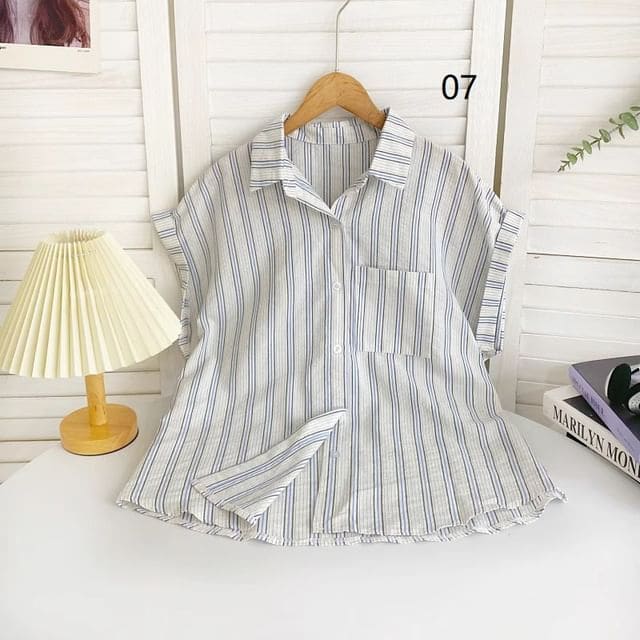 Short-Sleeve Collared Striped Shirt - 07 - Stripes - Blue &