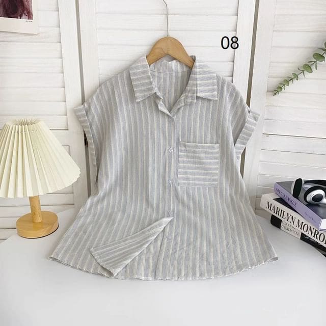 Short-Sleeve Collared Striped Shirt - 08 - Stripes - Blue &