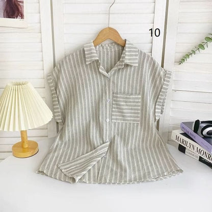 Short-Sleeve Collared Striped Shirt - 10 - Stripes - Gray