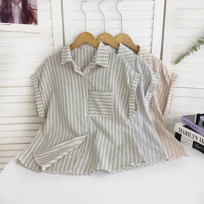 Short-Sleeve Collared Striped Shirt