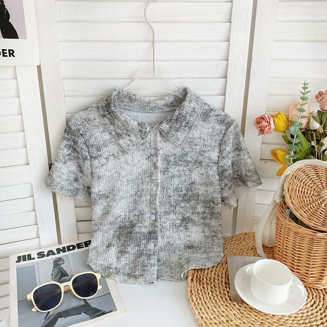 Short-Sleeve Collared Tie Dye Knit Top - Light Gray