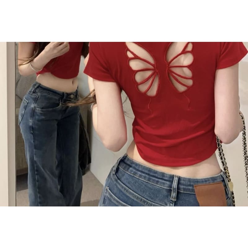 Short Sleeve Crew Neck Butterfly Cutout Crop T