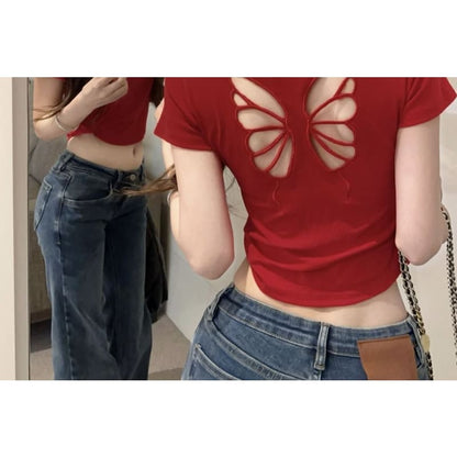 Short Sleeve Crew Neck Butterfly Cutout Crop T