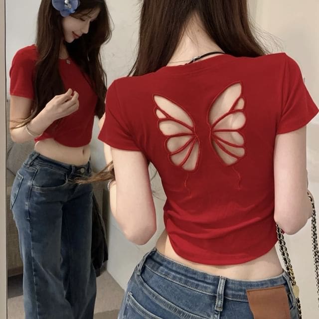 Short Sleeve Crew Neck Butterfly Cutout Crop T