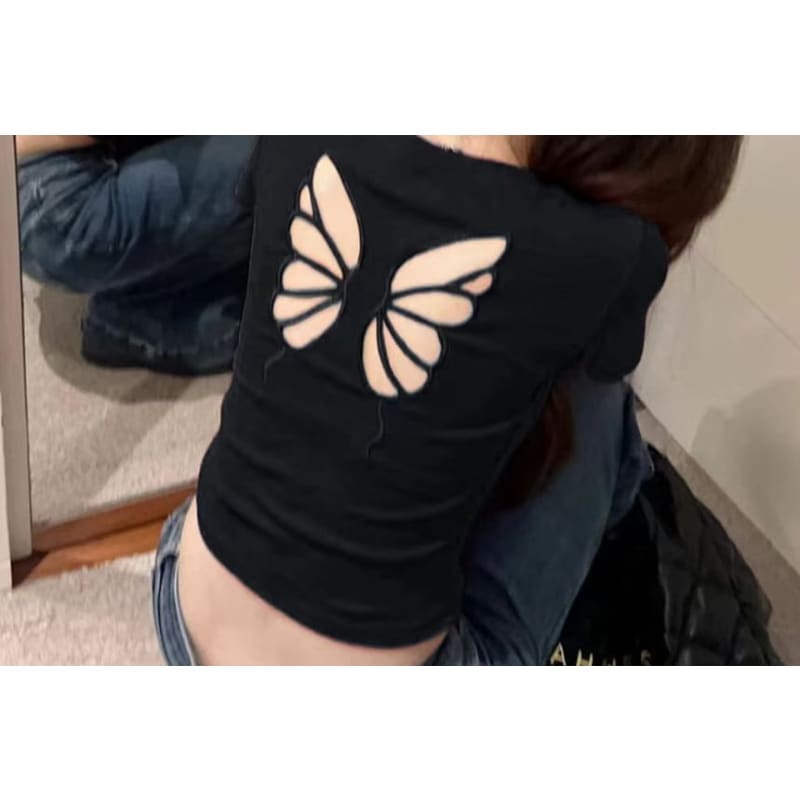 Short Sleeve Crew Neck Butterfly Cutout Crop T