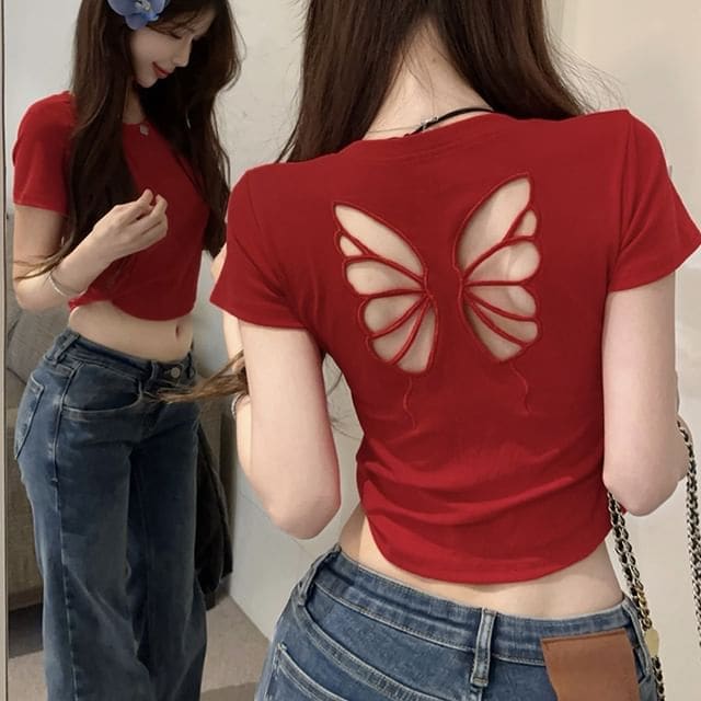 Short Sleeve Crew Neck Butterfly Cutout Crop T - Red