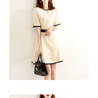 Short-Sleeve Crew Neck Contrast Trim Mini A-Line Dress