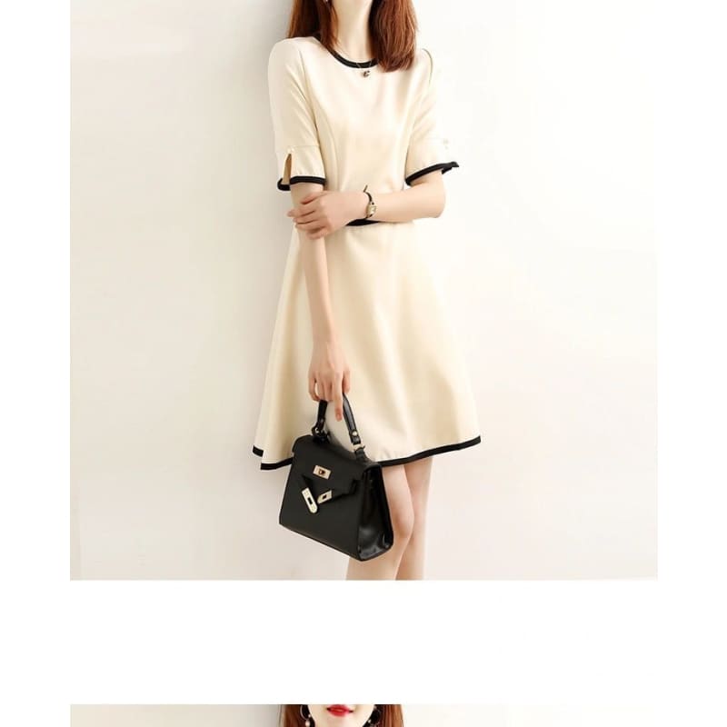 Short-Sleeve Crew Neck Contrast Trim Mini A-Line Dress