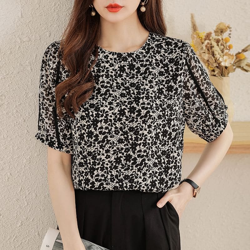 Short Sleeve Crew Neck Floral Print Blouse Egirldoll