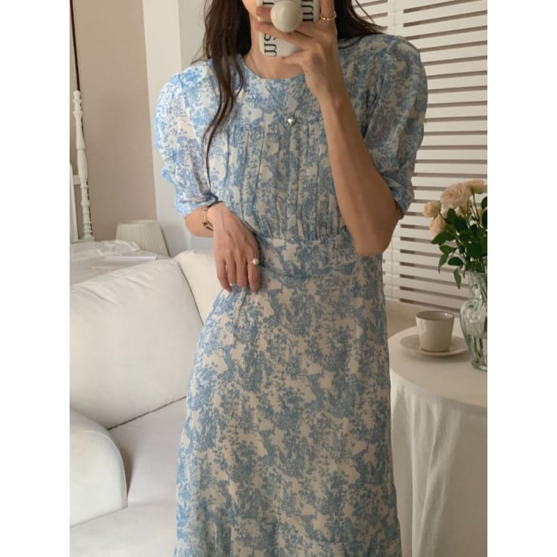 Short-Sleeve Crew Neck Floral Print Ruched Midi A-Line Dress