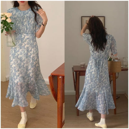 Short-Sleeve Crew Neck Floral Print Ruched Midi A-Line Dress