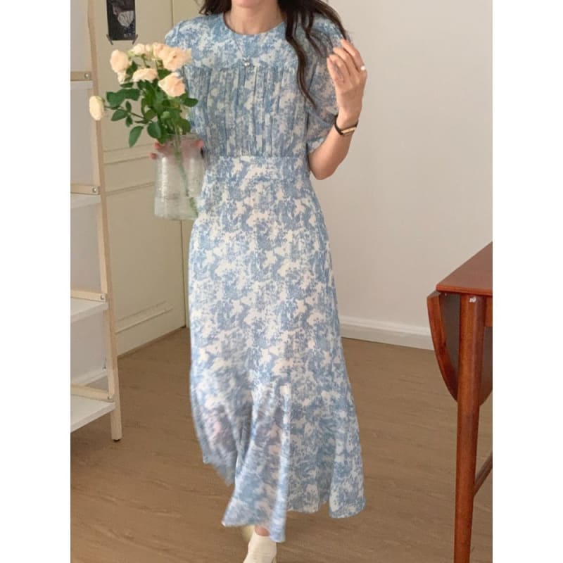 Short-Sleeve Crew Neck Floral Print Ruched Midi A-Line Dress