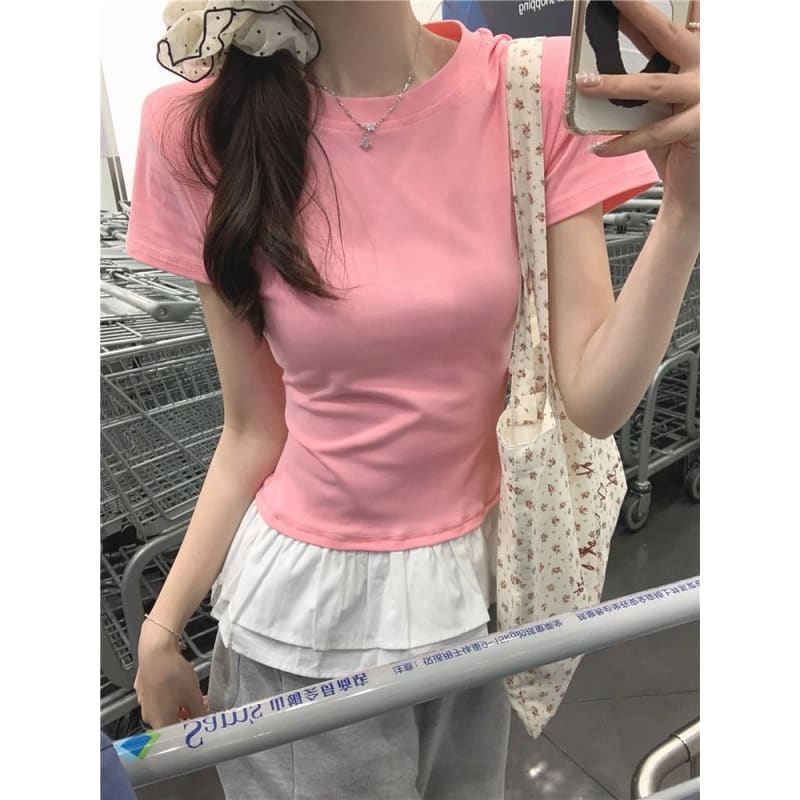 Short-Sleeve Crew Neck Peplum Slim Fit Tee