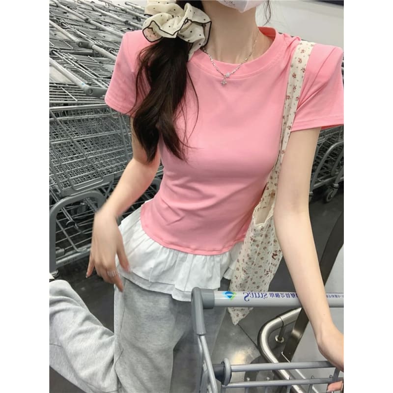 Short-Sleeve Crew Neck Peplum Slim Fit Tee