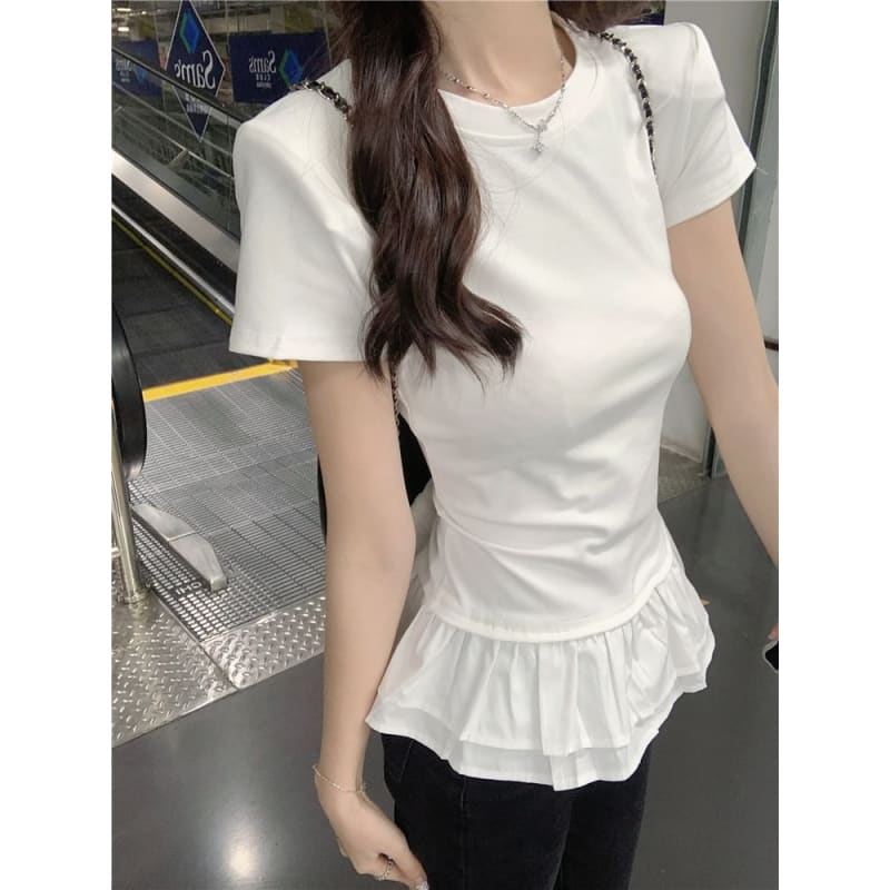 Short-Sleeve Crew Neck Peplum Slim Fit Tee