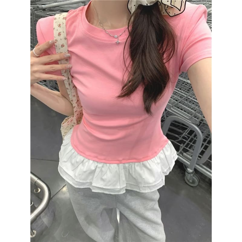 Short-Sleeve Crew Neck Peplum Slim Fit Tee