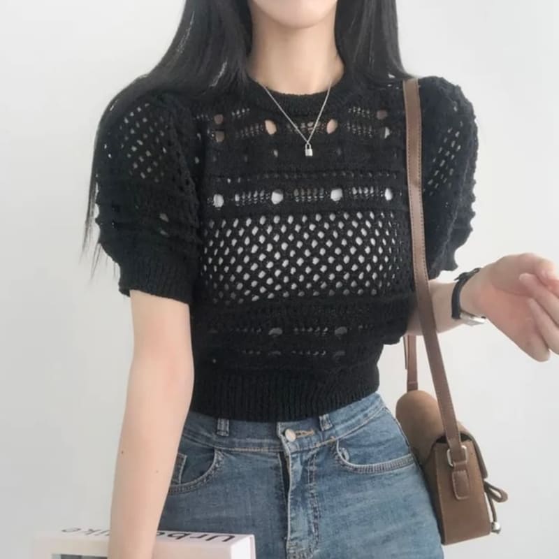 Short-Sleeve Crew Neck Plain Pointelle Knit Top