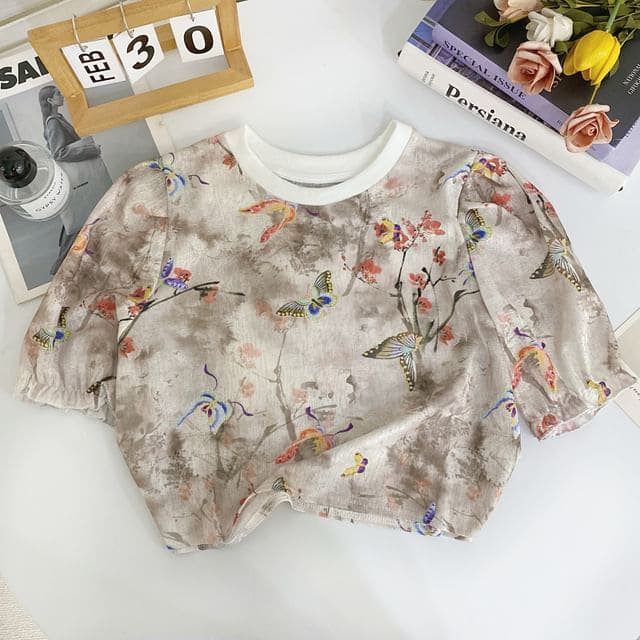 Short-Sleeve Crew Neck Print Crop T-Shirt - Butterfly