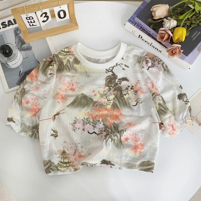 Short-Sleeve Crew Neck Print Crop T-Shirt - Pink Floral &