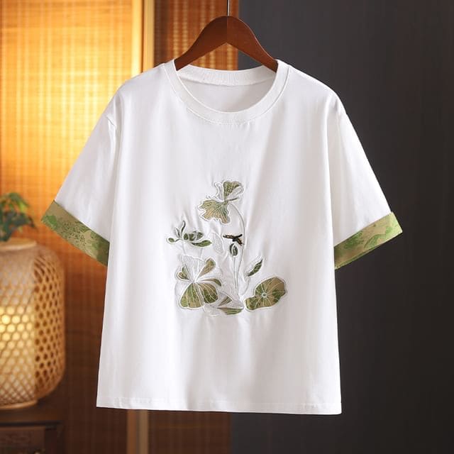 Short-Sleeve Crewneck Embroidered T-Shirt - White / M