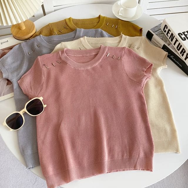 Short-Sleeve Crewneck Plain Knit Top