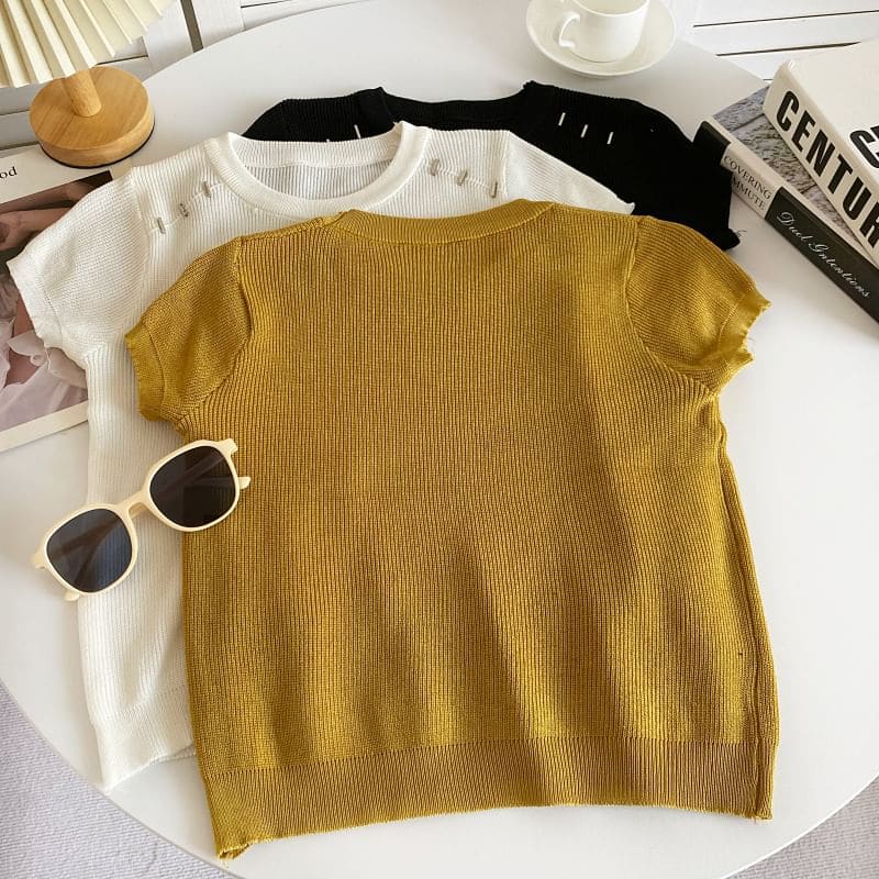 Short-Sleeve Crewneck Plain Knit Top