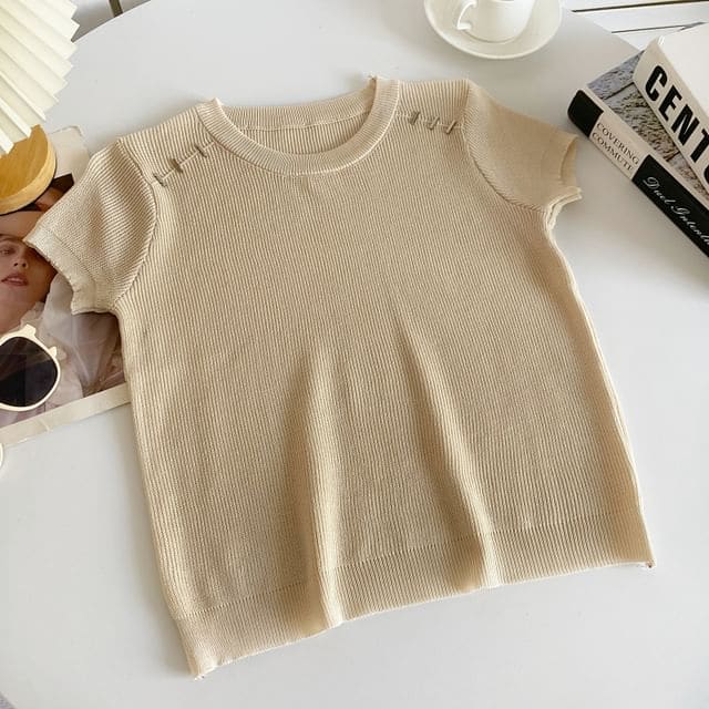 Short-Sleeve Crewneck Plain Knit Top - Almond / One Size