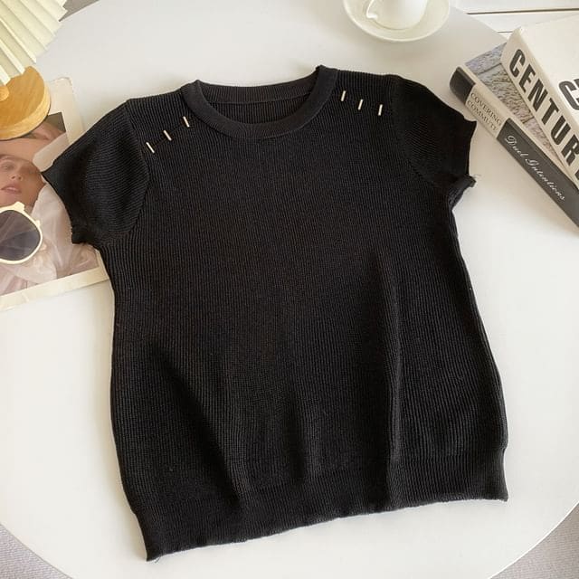 Short-Sleeve Crewneck Plain Knit Top - Black / One Size