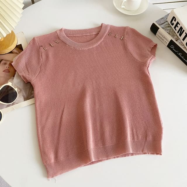 Short-Sleeve Crewneck Plain Knit Top - Pink / One Size