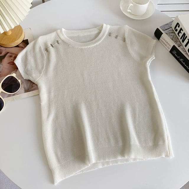 Short-Sleeve Crewneck Plain Knit Top - White / One Size