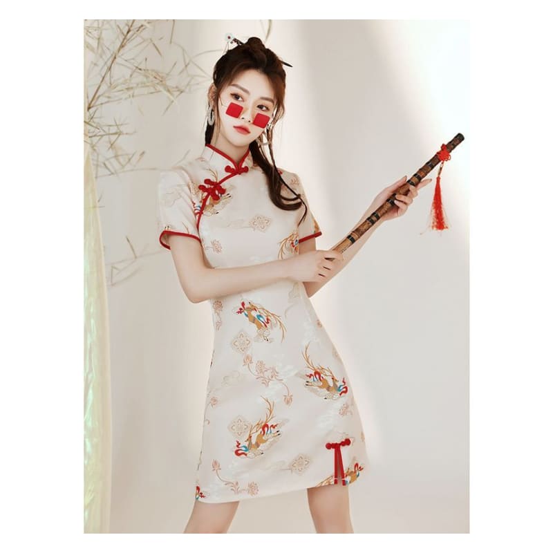 Short-Sleeve Deer Print Mini Qipao