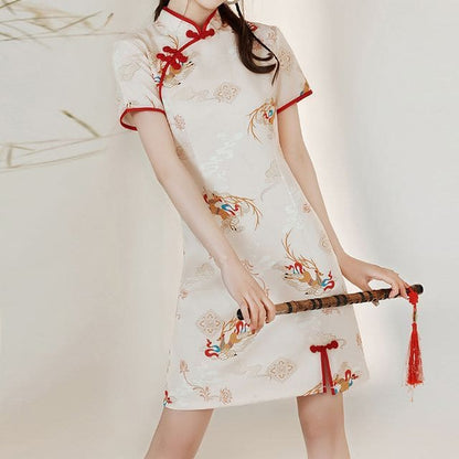 Short-Sleeve Deer Print Mini Qipao