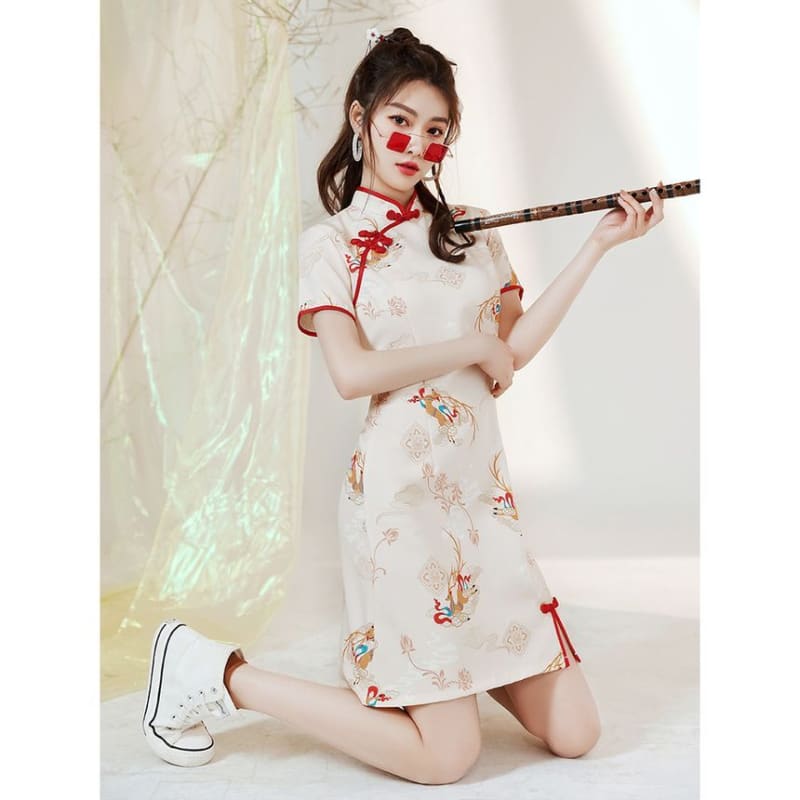 Short-Sleeve Deer Print Mini Qipao