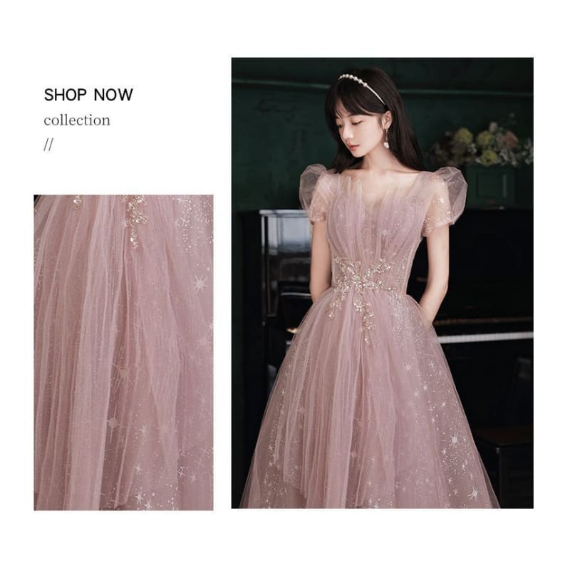 Short-Sleeve Embellished Maxi Prom Dress