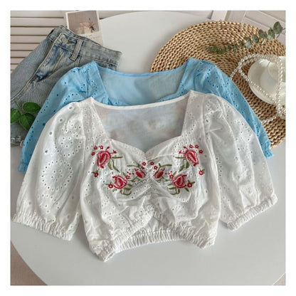 Short-Sleeve Embroidered Crop Tunic