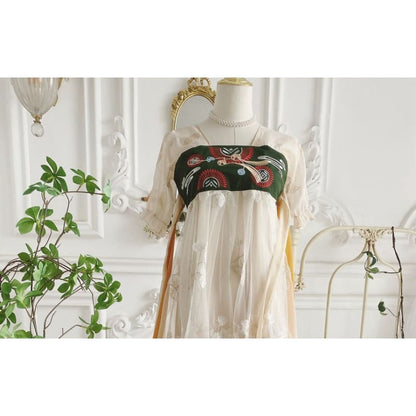 Short-Sleeve Embroidered Panel Mesh Hanfu Dress